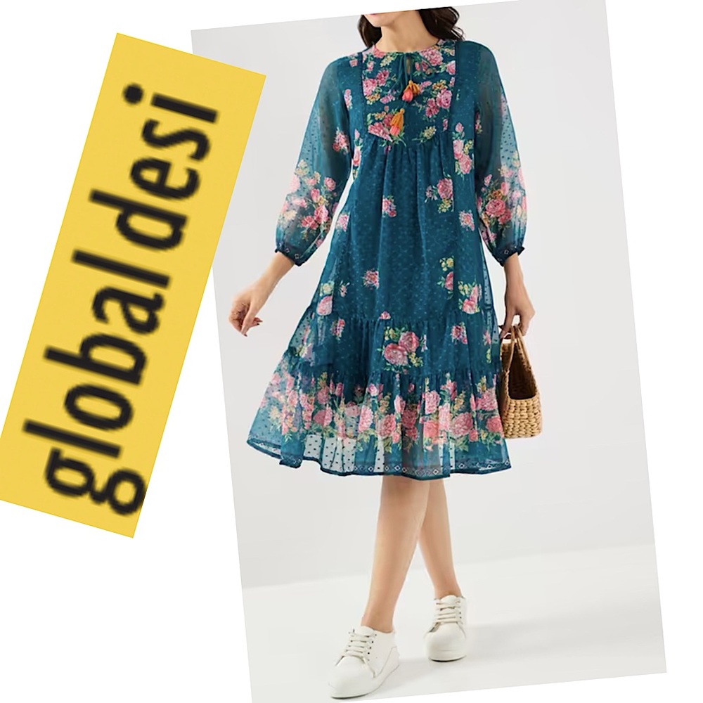 global desi Green Foral A-Line Dress Made in India Size M